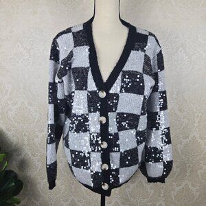 BiBi Size Small Black White Check Cardigan Clear Sequin Embellishment Button Up